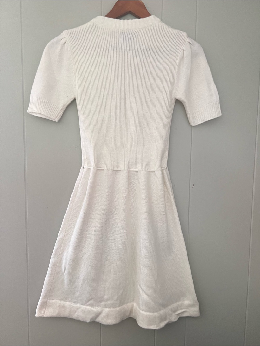 Vintage 70s White Knit Mini Dress Button Front Puff Sleeve Retro Cottagecore S - Picture 9 of 12